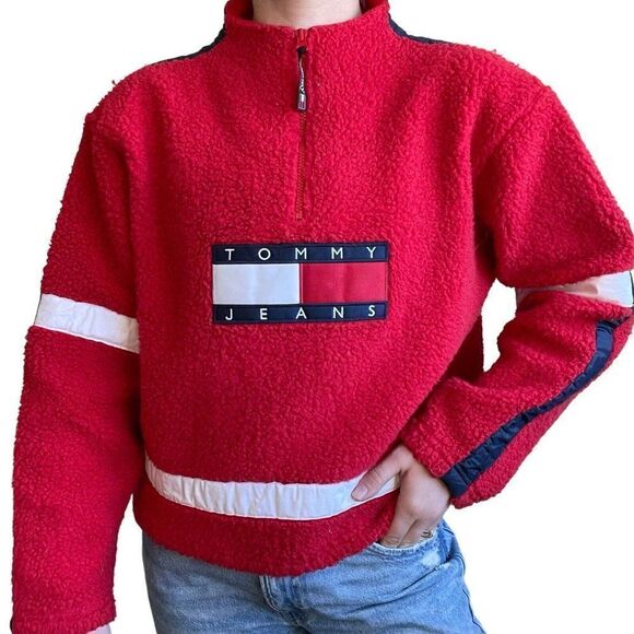 Vintage 90s Womens Tommy Hilfiger Red Retro Fleece Cropped Sweatshirt Sz L - Picture 6 of 10